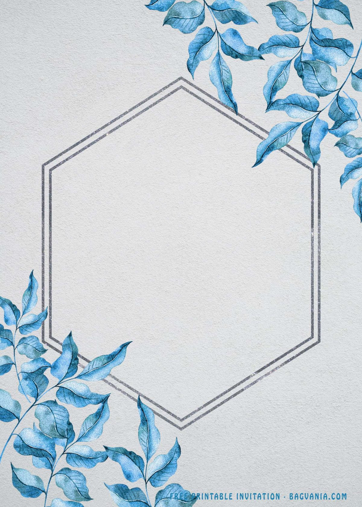 Free Printable Dusty Blue Floral Invitation Templates With Hexagon Shaped Text Box