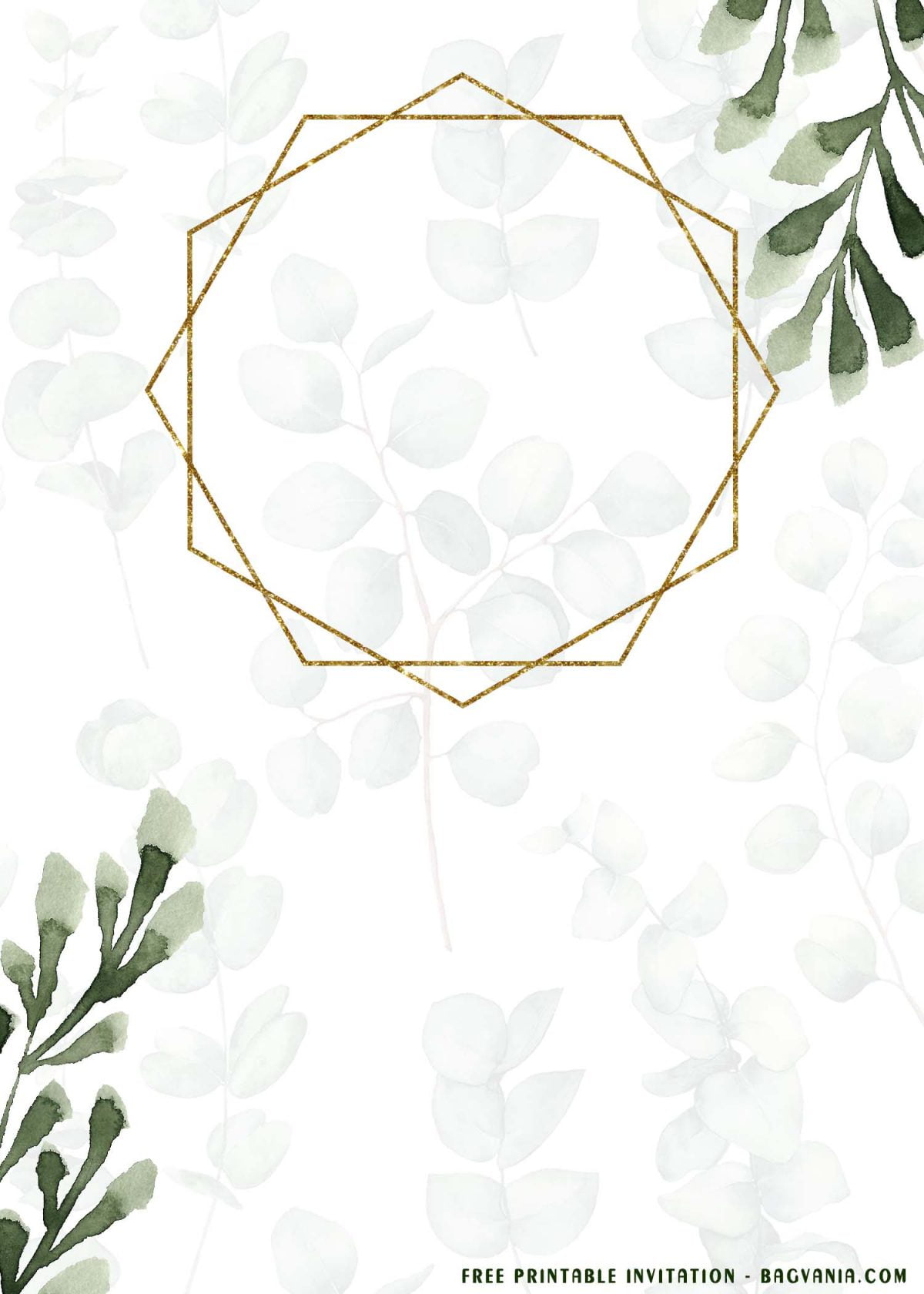 Free Printable Eucalyptus Wedding Invitation Templates With Green Foliage Backdrop