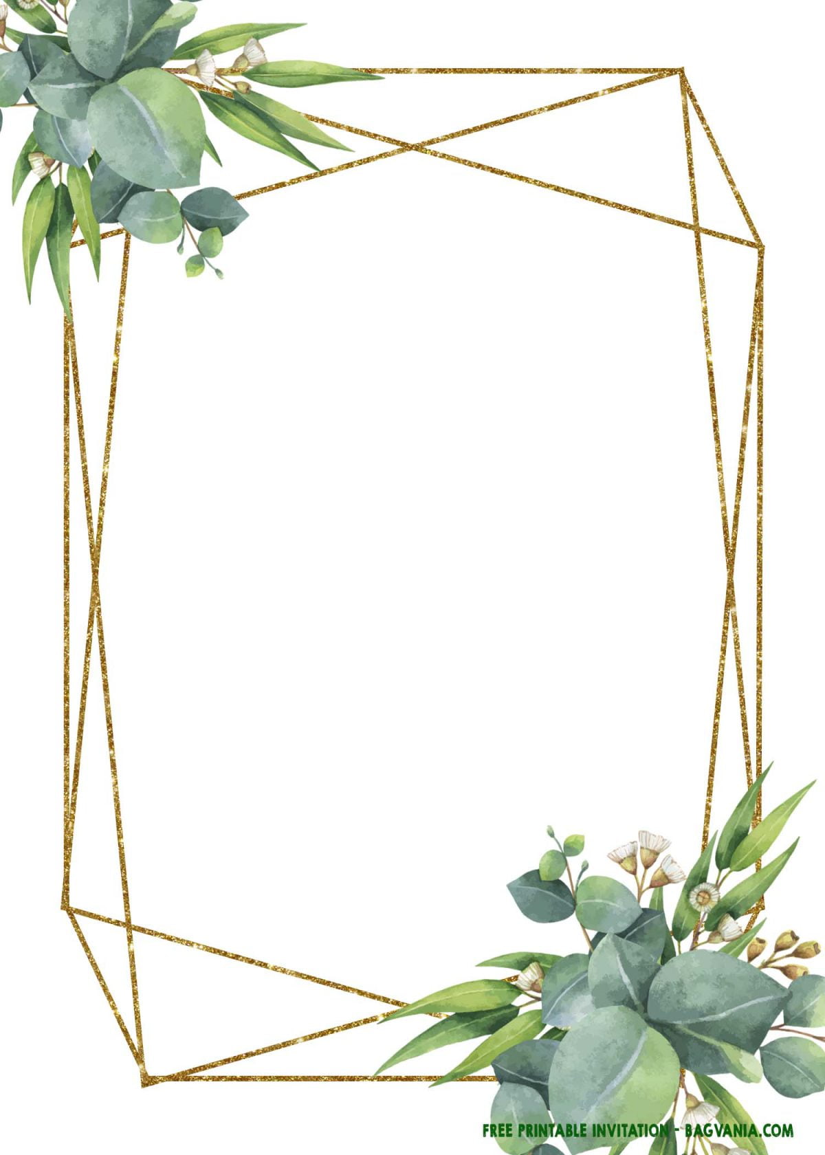 Free Printable Gold Greenery Invitation Templates With White Background and Gorgeous Eucalyptus Flowers