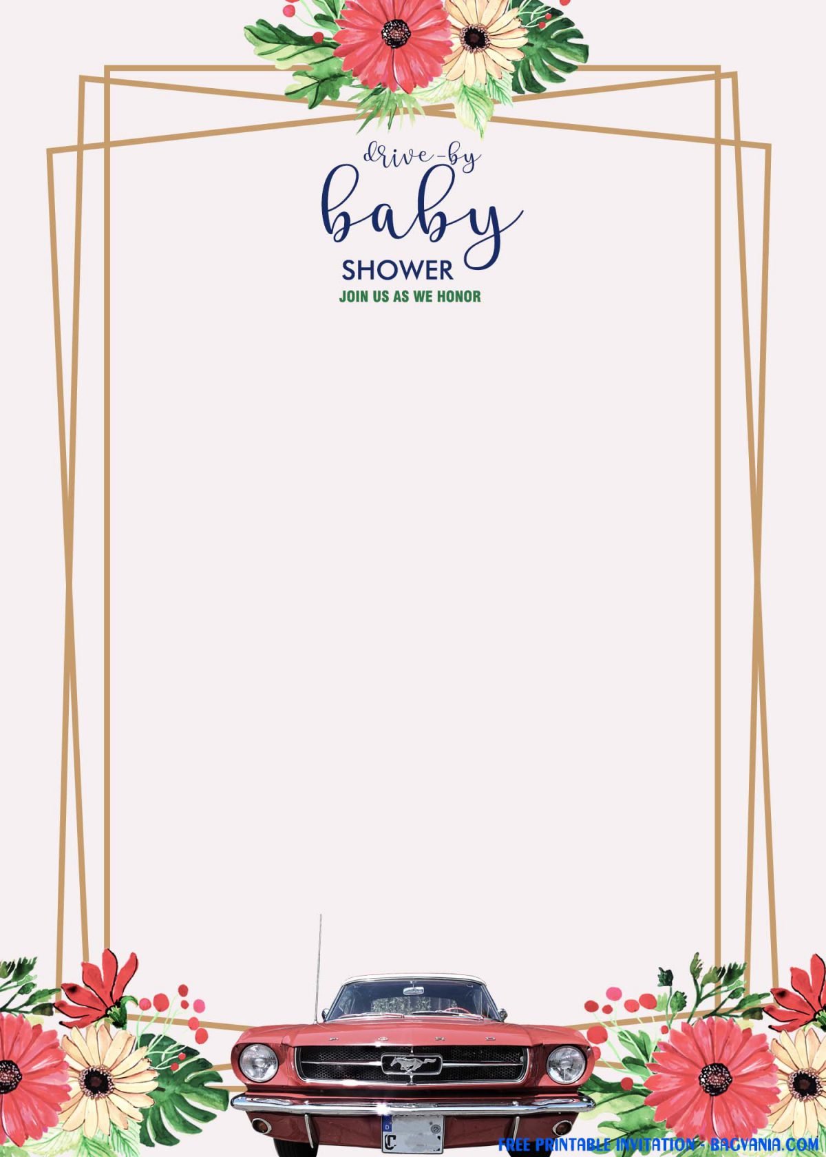 Free Printable Vintage Gold Drive By Baby Shower Invitation Templates With Classic Car Image