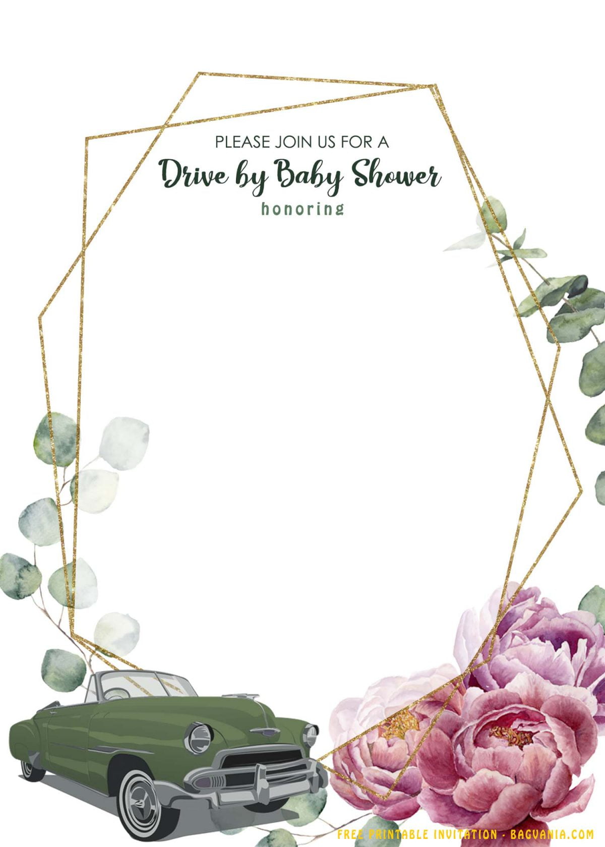 Free Printable Retro Floral Drive By Baby Shower Invitation Templates With Gold Geometric Text Frame