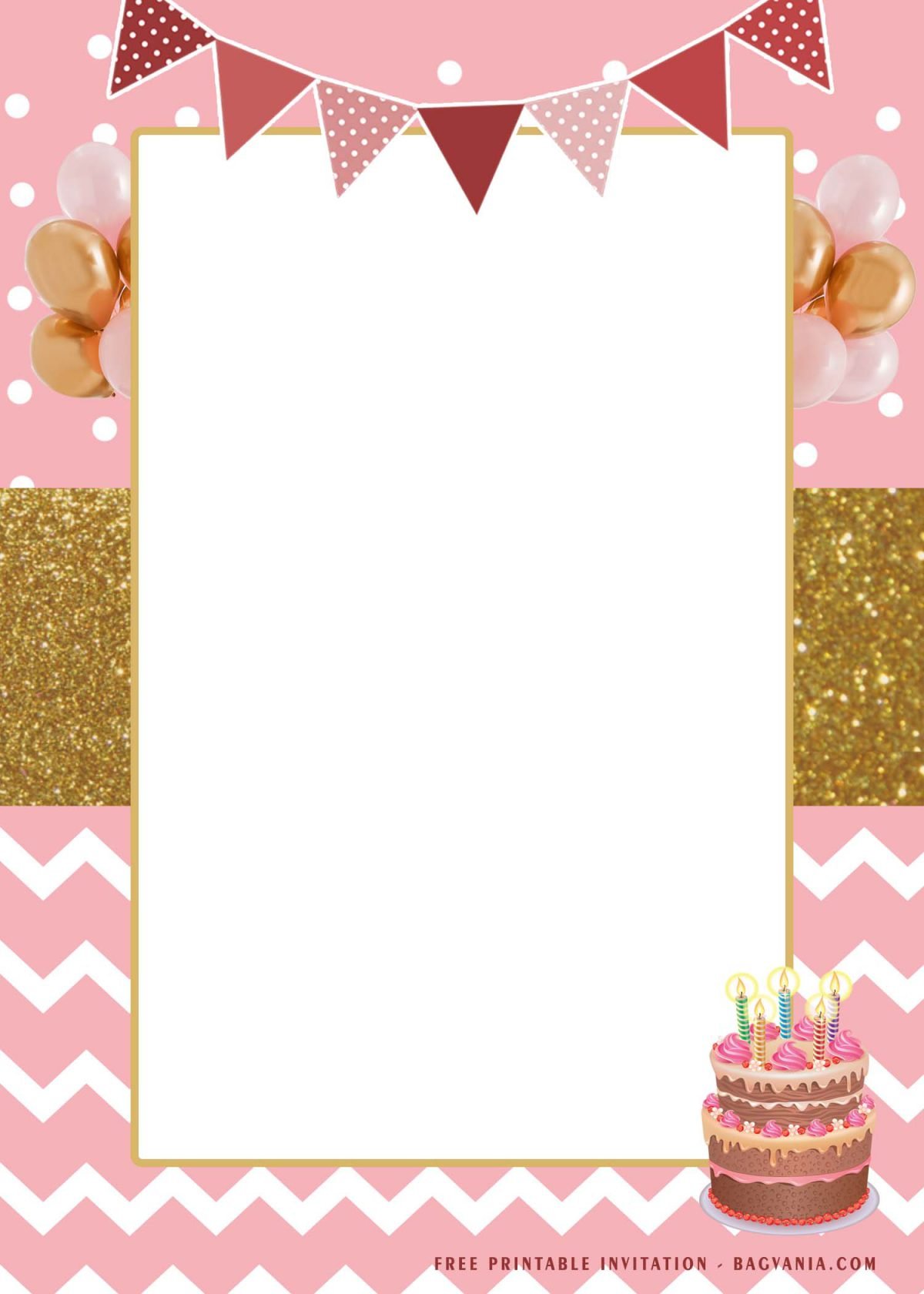 Free Printable Gold And Pink Birthday Invitation Templates With Pink Bunting Flags