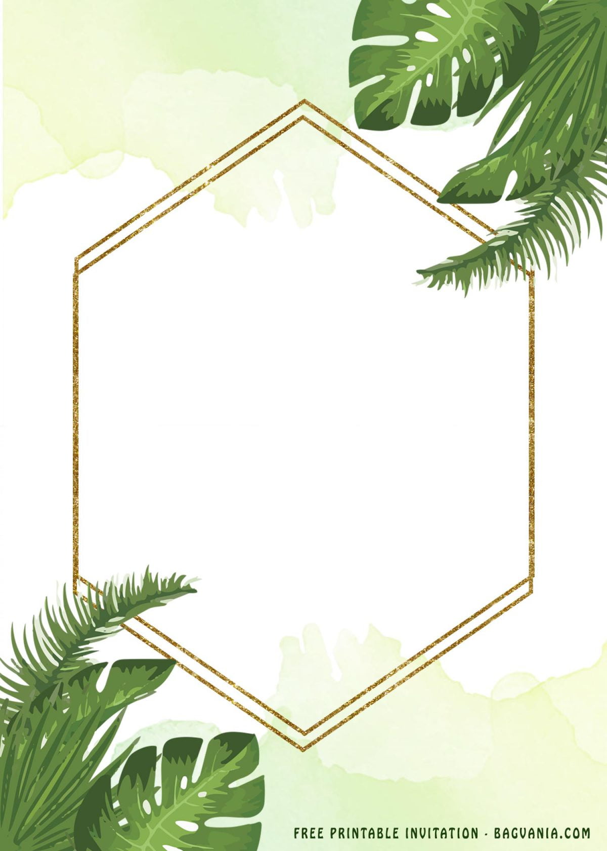 Free Printable Greenery Gold Frame Invitation Templates With Hexagon Shaped Text Frame
