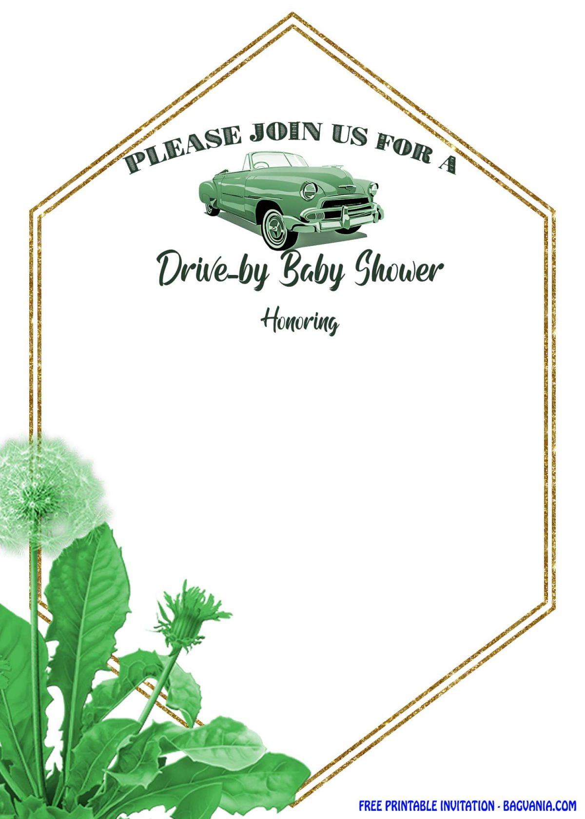 Free Printable Greenery Hexagonal Drive By Invitation Templates With Gold Text Frame