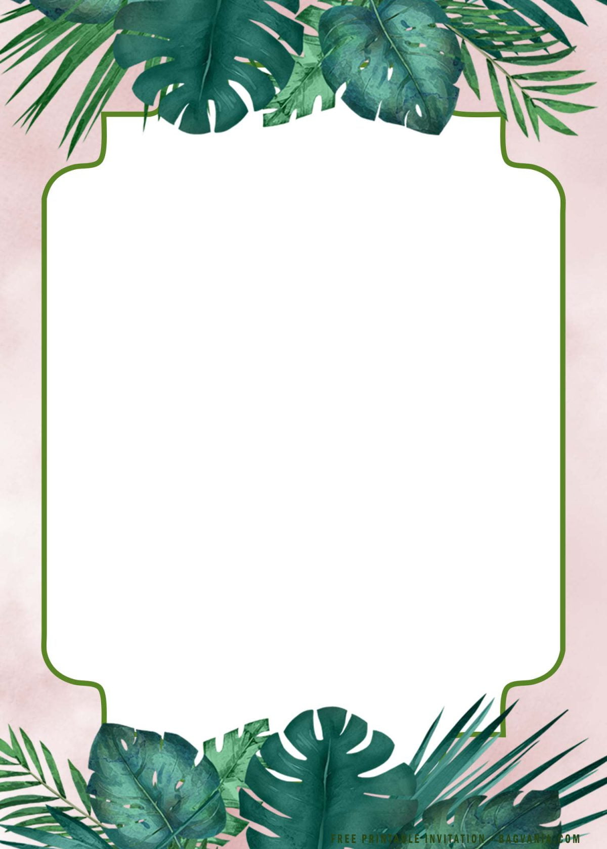 Free Printable Watercolor Greenery Blush Invitation Templates With Tropical Palm Leaves