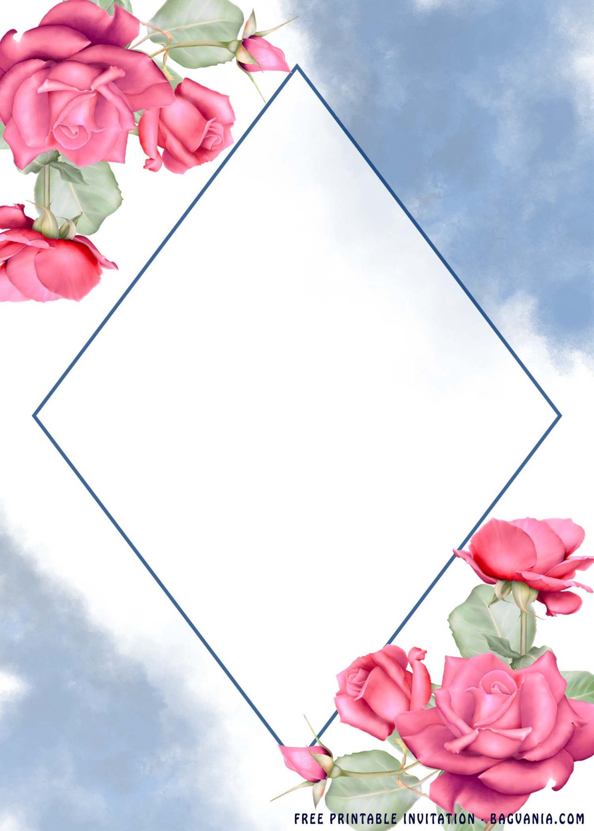 Free Printable Blue Frames Invitation Templates With Pink Roses