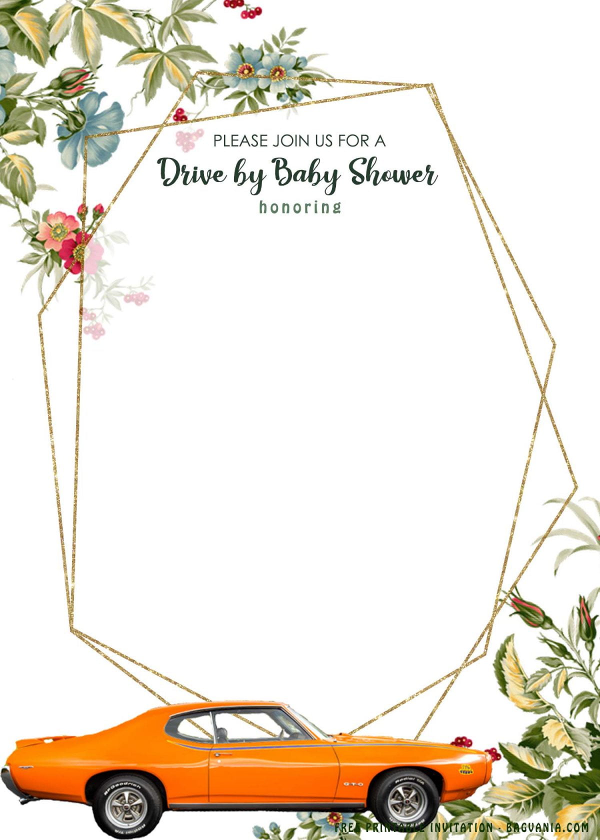 Free Printable Retro Floral Drive By Baby Shower Invitation Templates With Portrait Orientation Cards