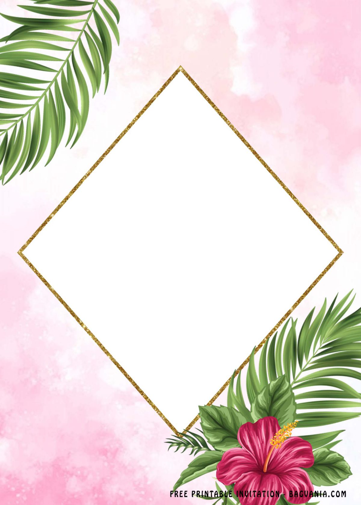 Free Printable Tropical Palm Party Invitation Templates With Gold Rhombus Shaped Text Frame