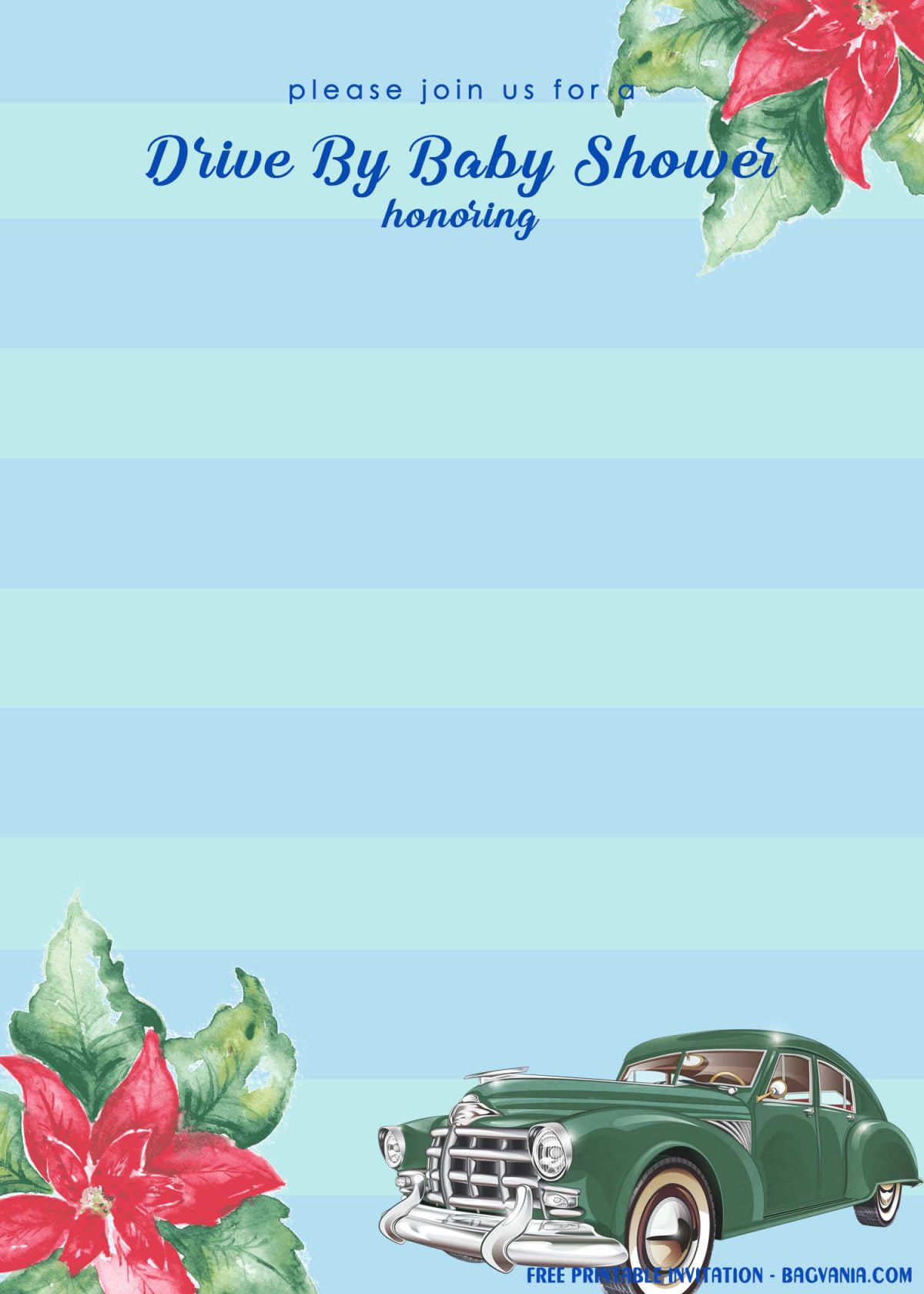 Free Printable Blue Stripes Drive By Baby Shower Invitation Templates With Green Foliage