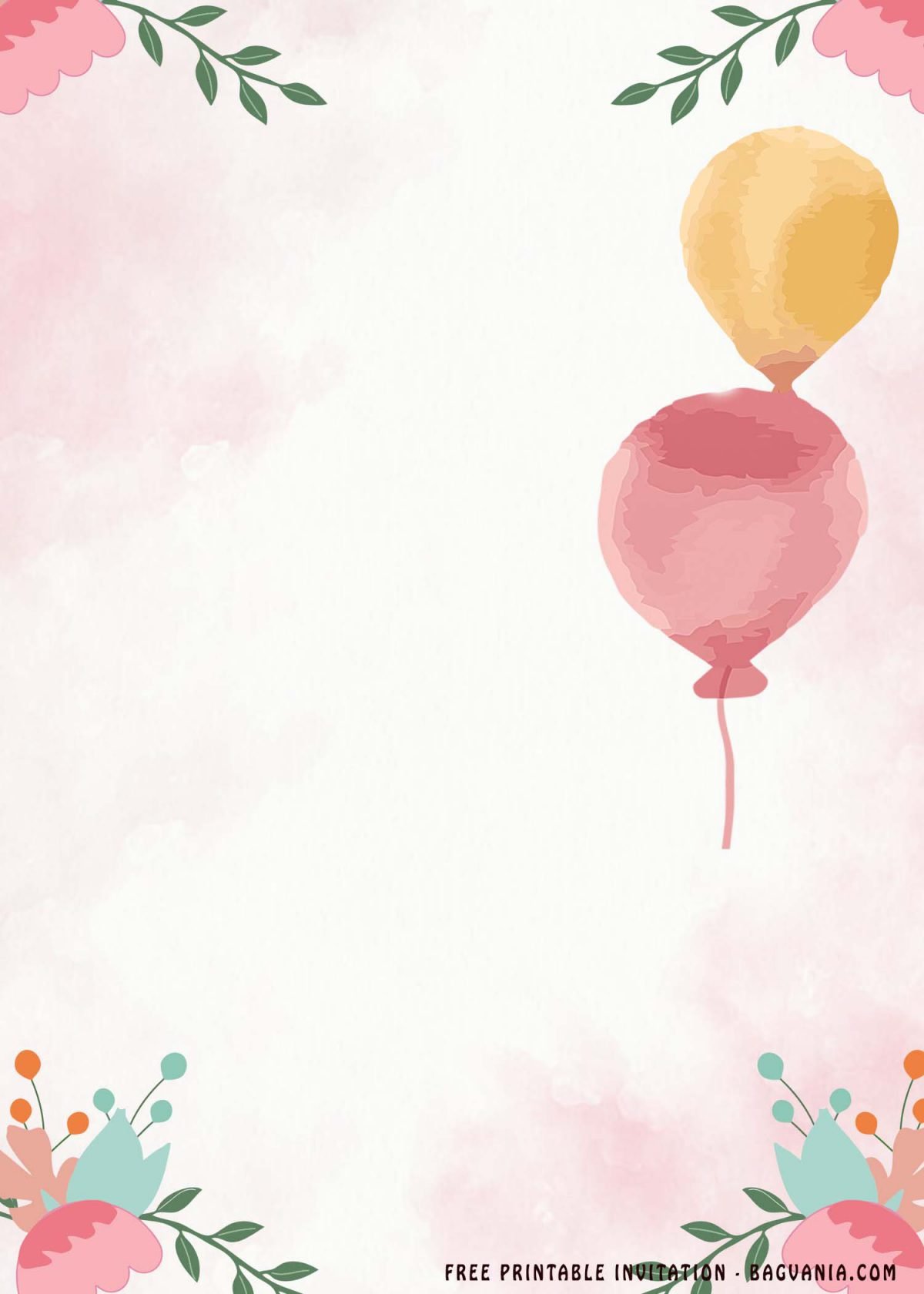 Free Printable Floral Pink Balloons Invitation Templates With 