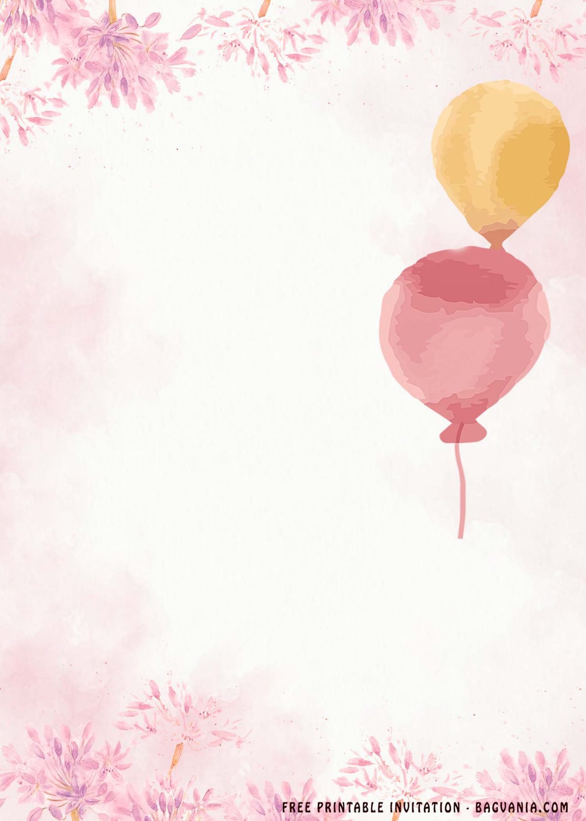 Free Printable Floral Pink Balloons Invitation Templates With Blush Pink Flowers