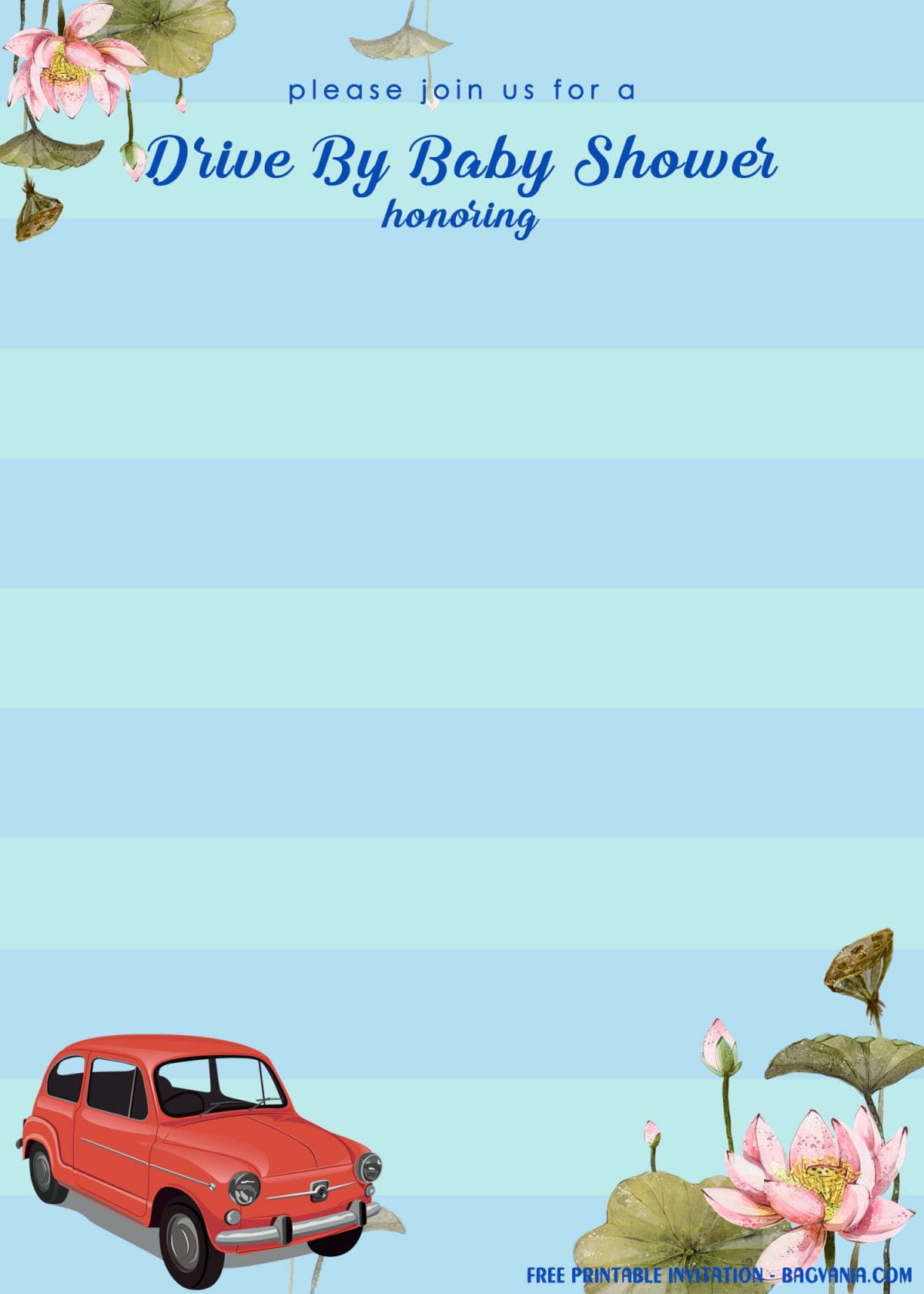 Free Printable Blue Stripes Drive By Baby Shower Invitation Templates With Retro Car Image