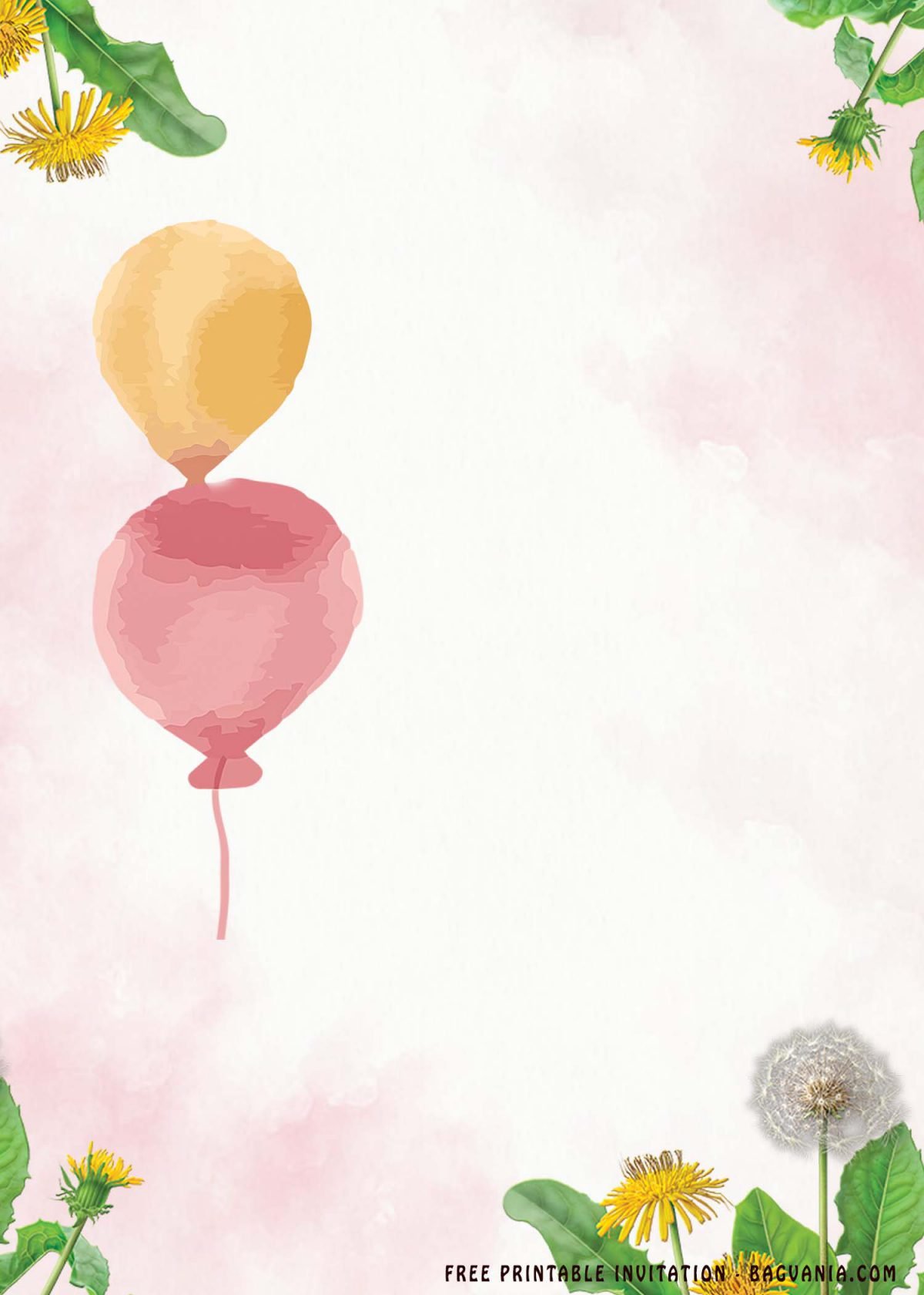 Free Printable Floral Pink Balloons Invitation Templates With Yellow Balloons and 