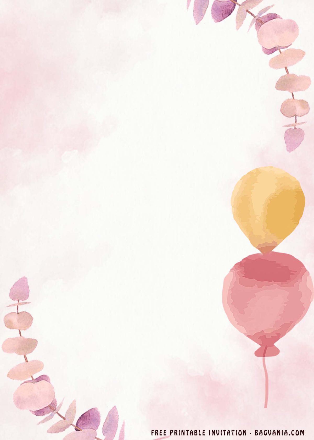 Free Printable Floral Pink Balloons Invitation Templates With Eucalyptus Flower