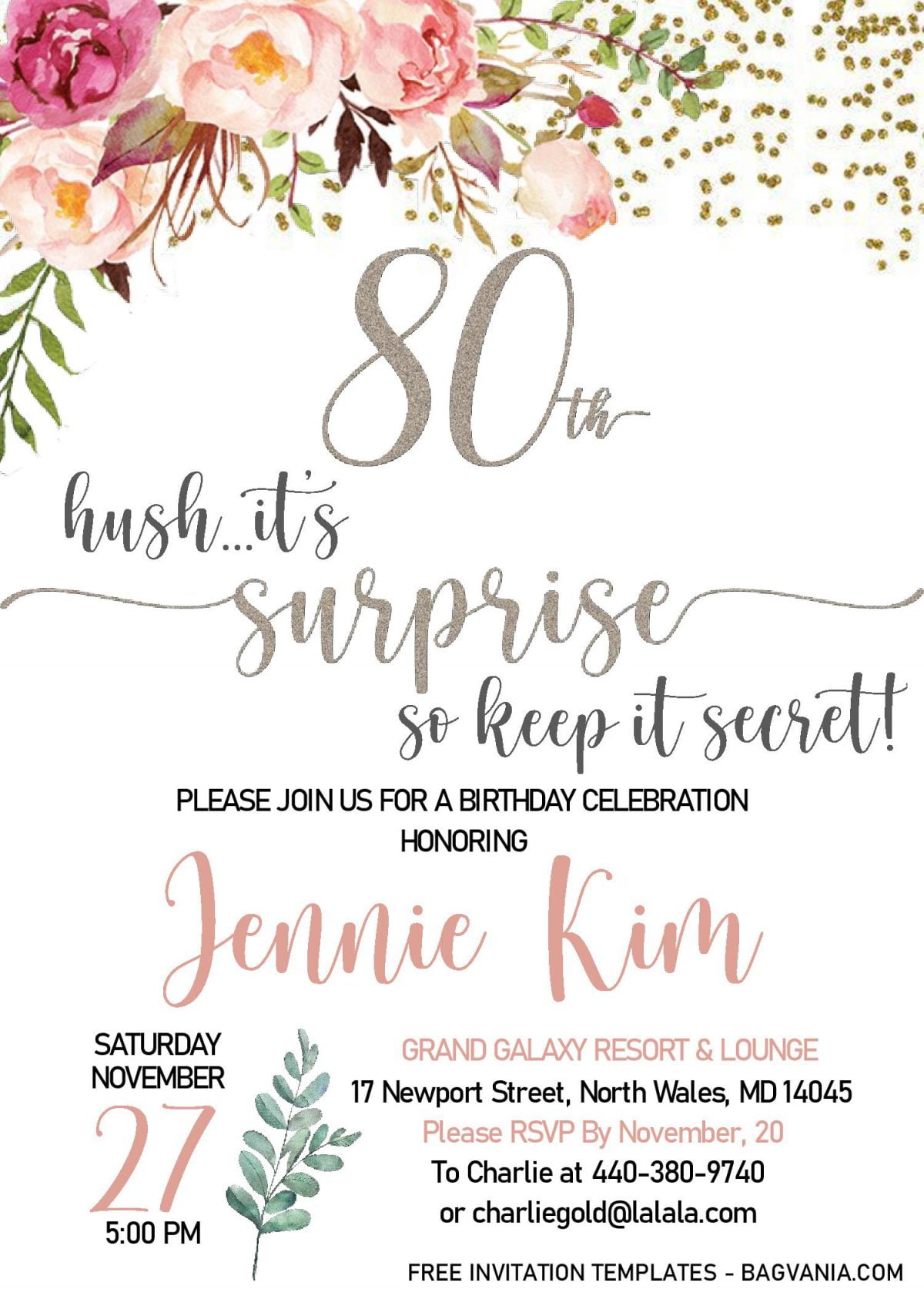 Floral 80th Birthday Invitation Templates - Editable With MS Word and has white peonies