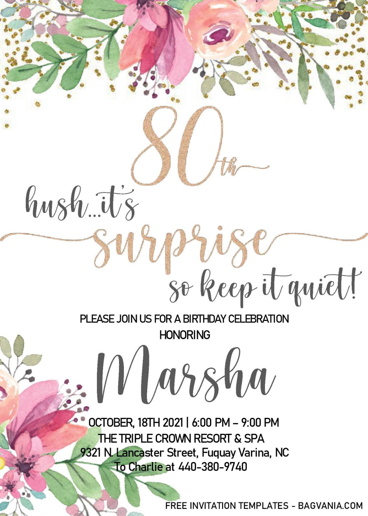 Floral 80th Birthday Invitation Templates - Editable With MS Word and has watercolor floral