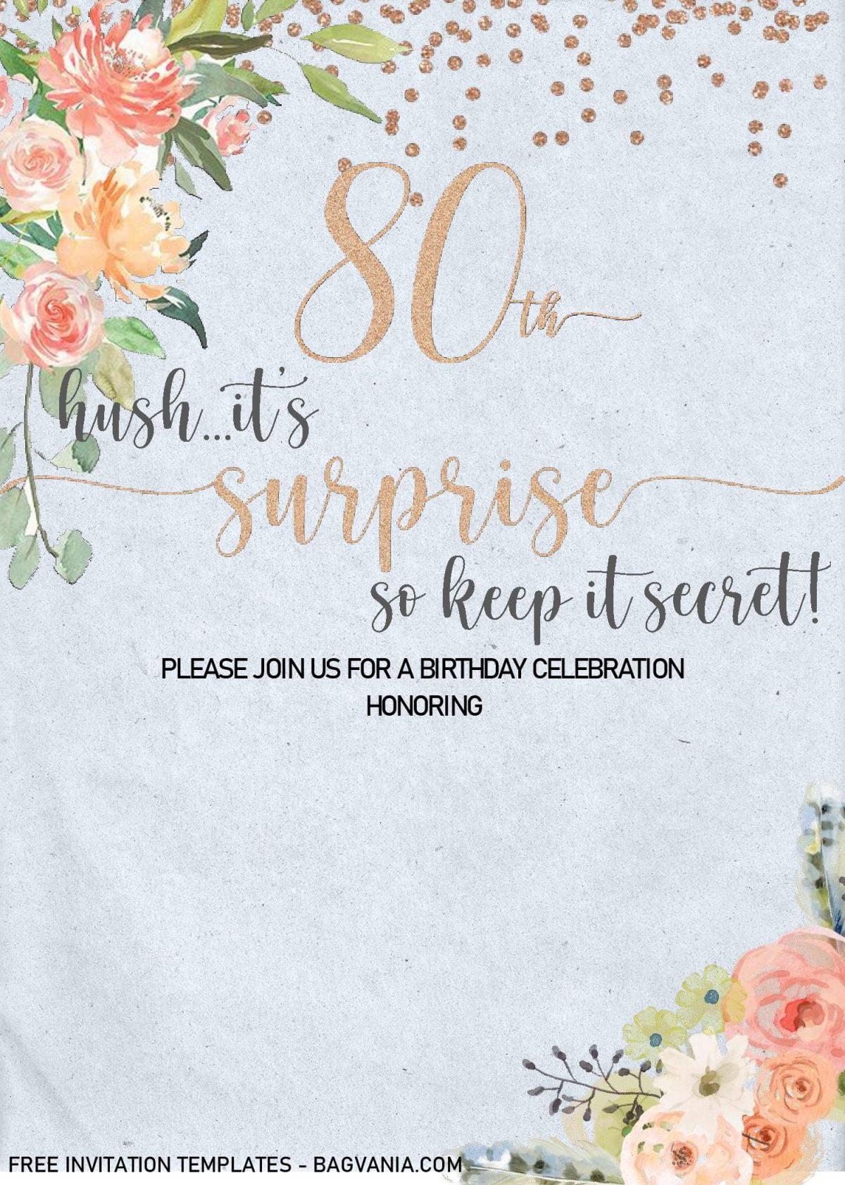Floral 80th Birthday Invitation Templates - Editable With MS Word and has gold fonts