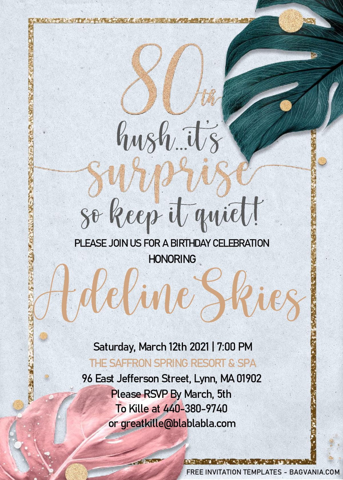 Floral 80th Birthday Invitation Templates - Editable With MS Word and has paper grain textured background