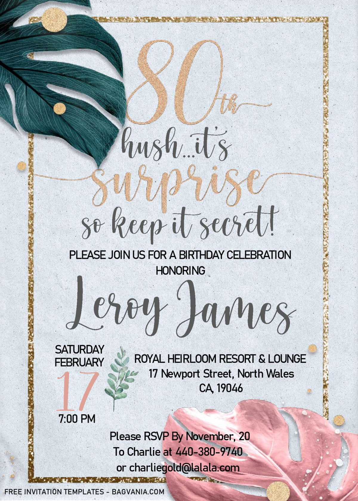 Floral 80th Birthday Invitation Templates - Editable With MS Word and has dazzling gold text frame