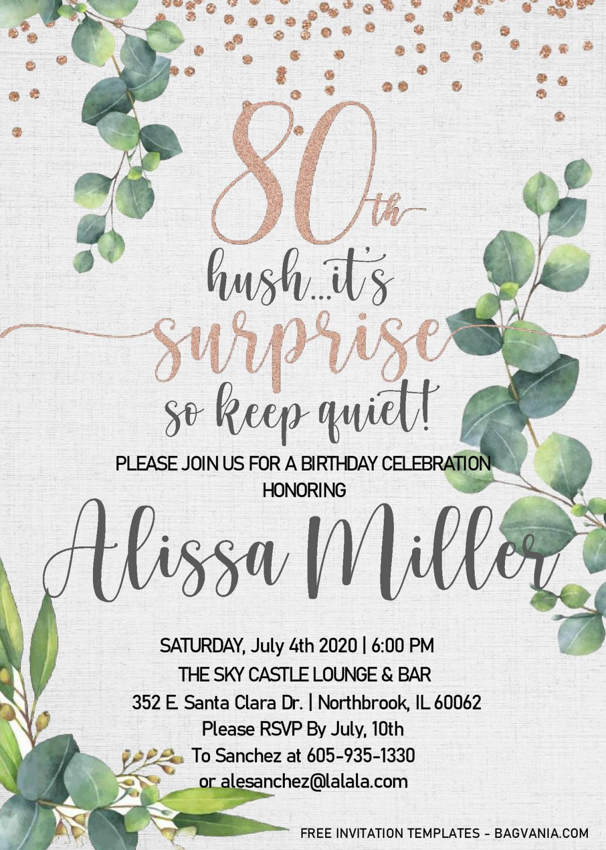 Floral 80th Birthday Invitation Templates - Editable With MS Word and has gorgeous eucalyptus flowers