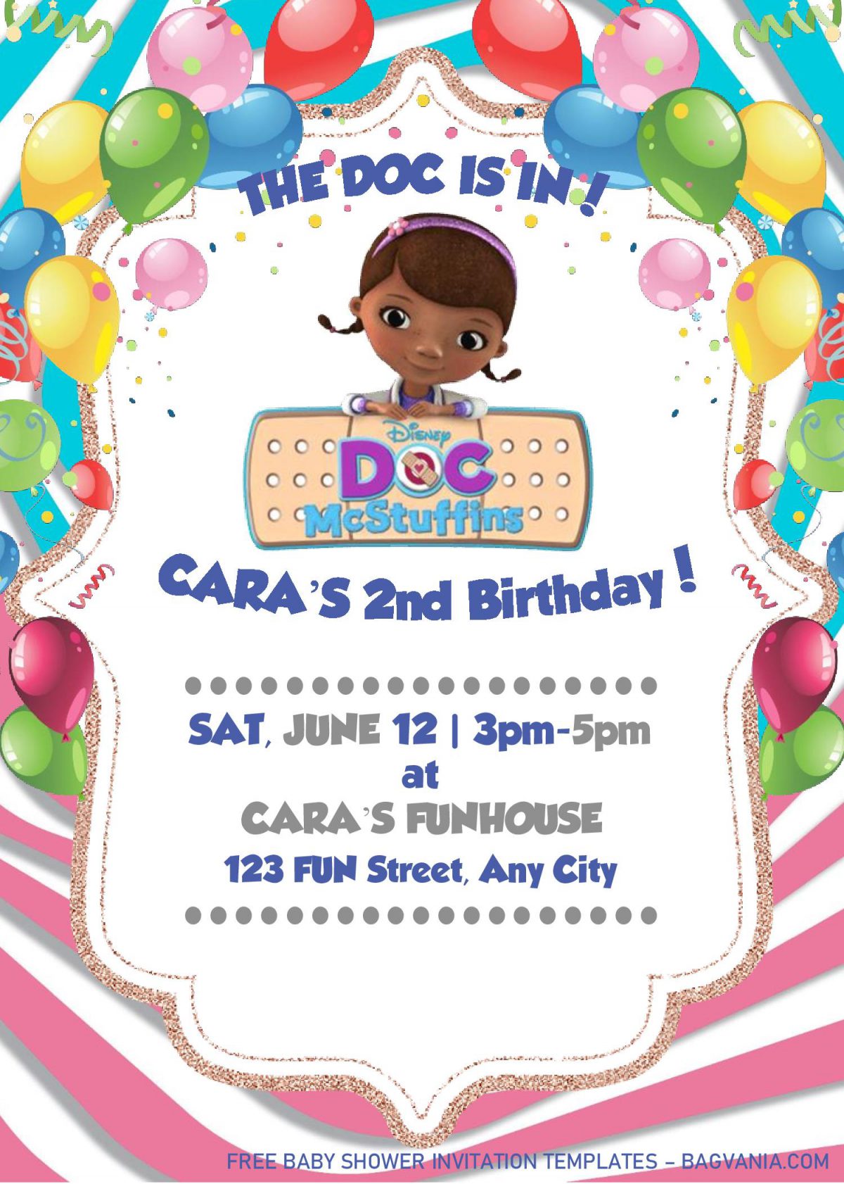 Doc McStuffins Birthday Invitation Templates - Editable With MS Word and has cute font style