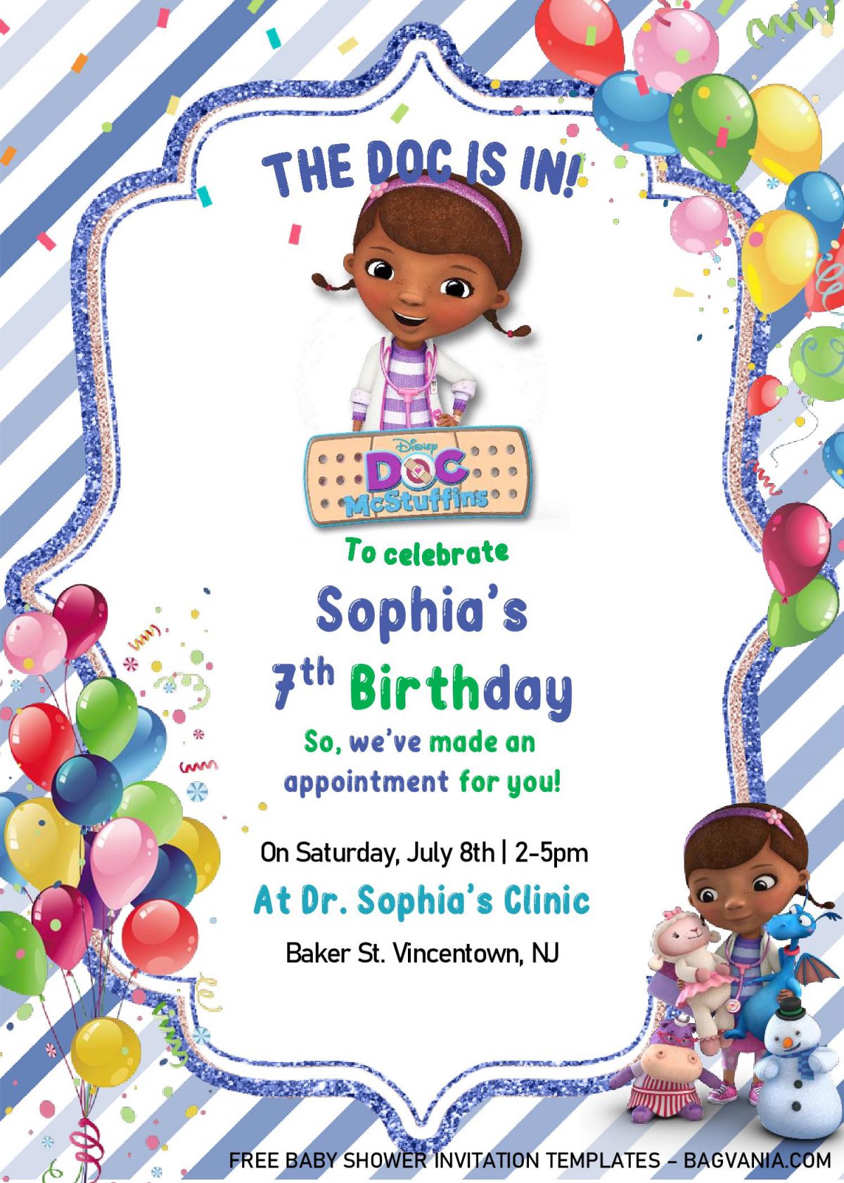 Doc McStuffins Birthday Invitation Templates - Editable With MS Word and has Colorful balloons