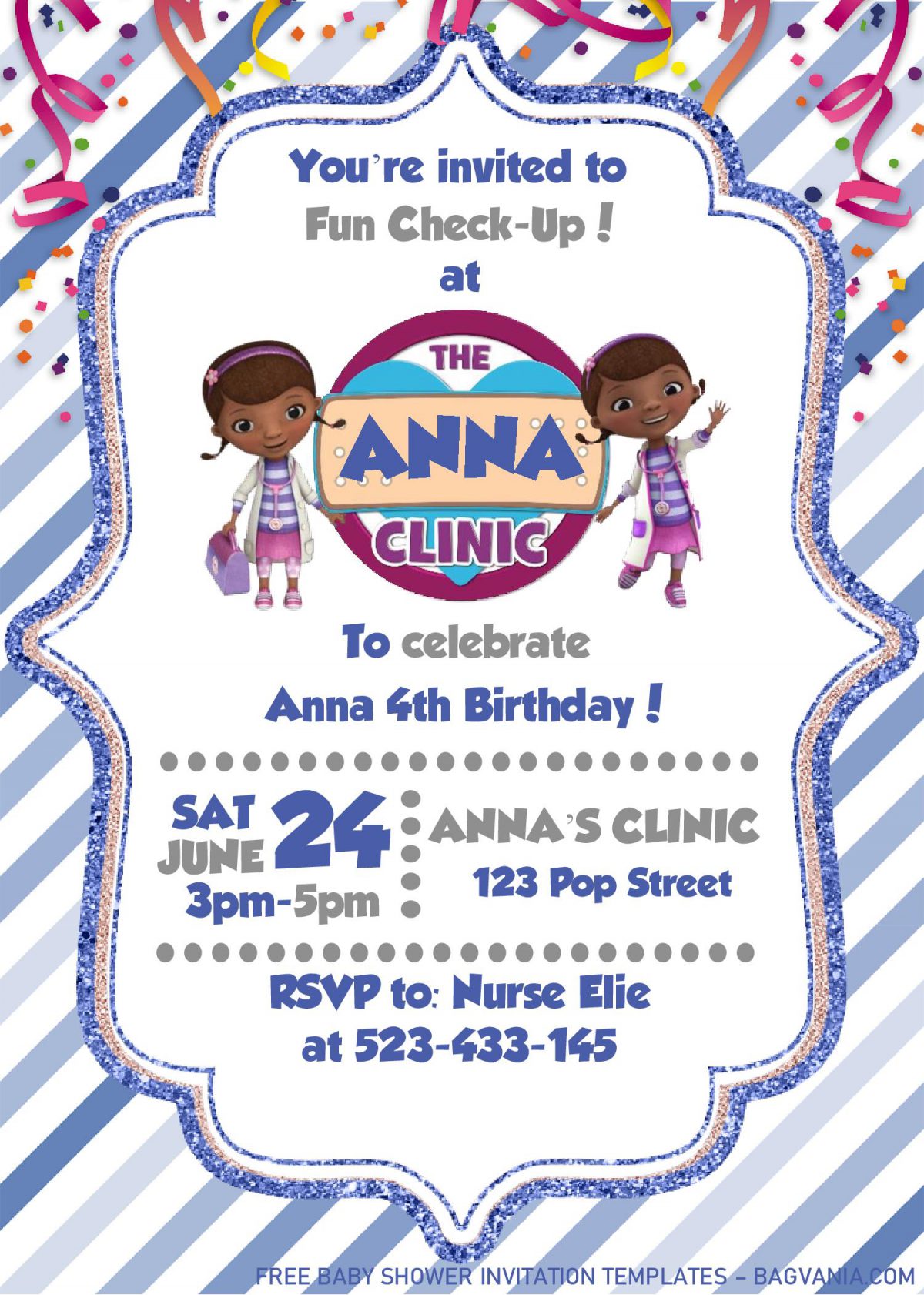 Doc McStuffins Birthday Invitation Templates - Editable With MS Word and has glitter text frame