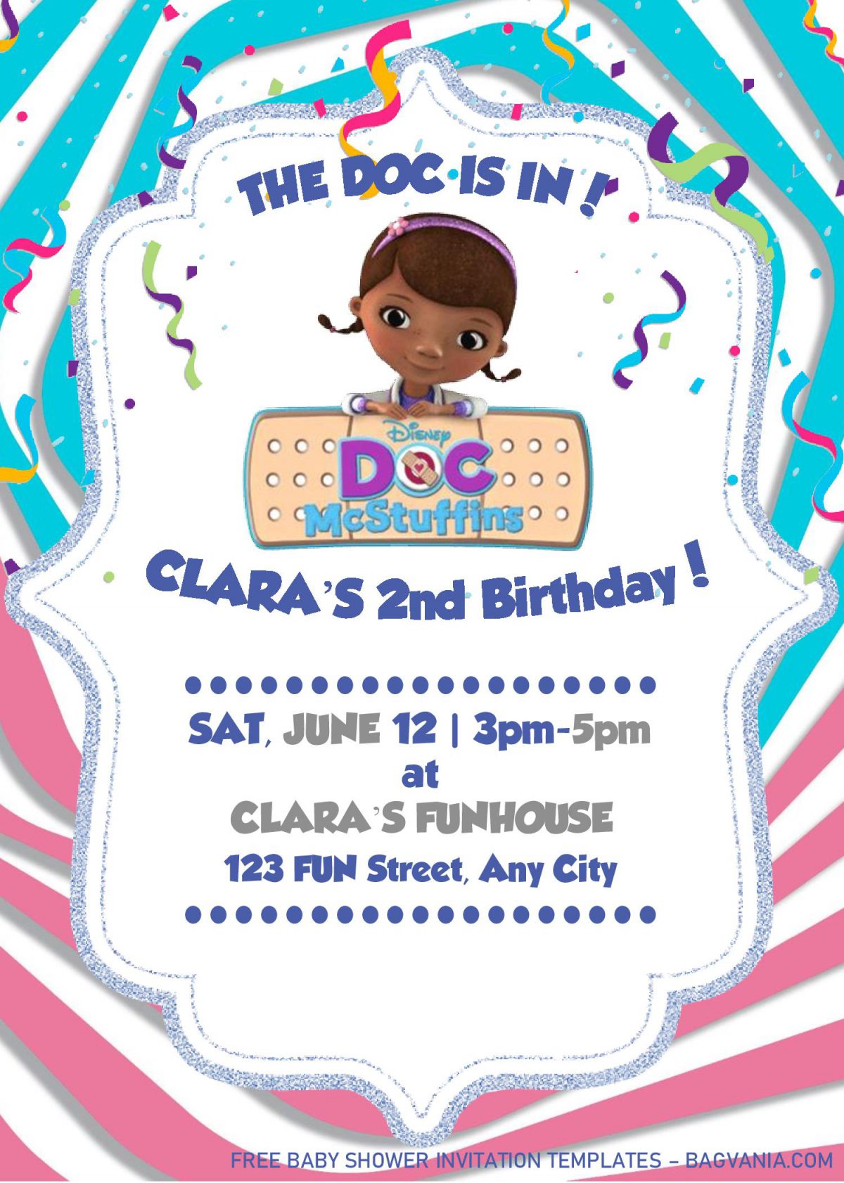 Doc McStuffins Birthday Invitation Templates - Editable With MS Word and has colorful confetti