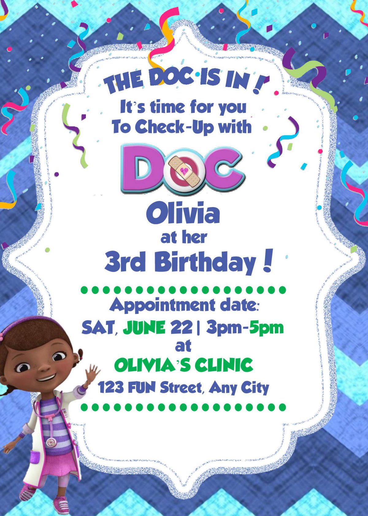Doc McStuffins Birthday Invitation Templates - Editable With MS Word and has Cute Fabric background