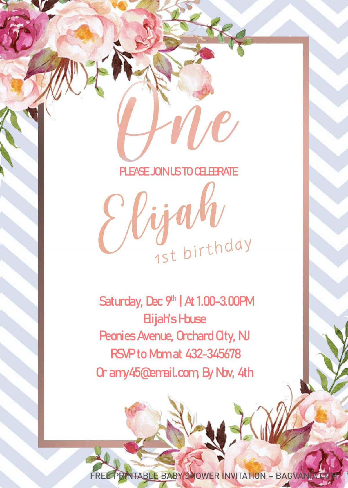 Blush Pink 1st Birthday Invitation Templates - Editable With MS Word and decorated with Metallic Text Frame
