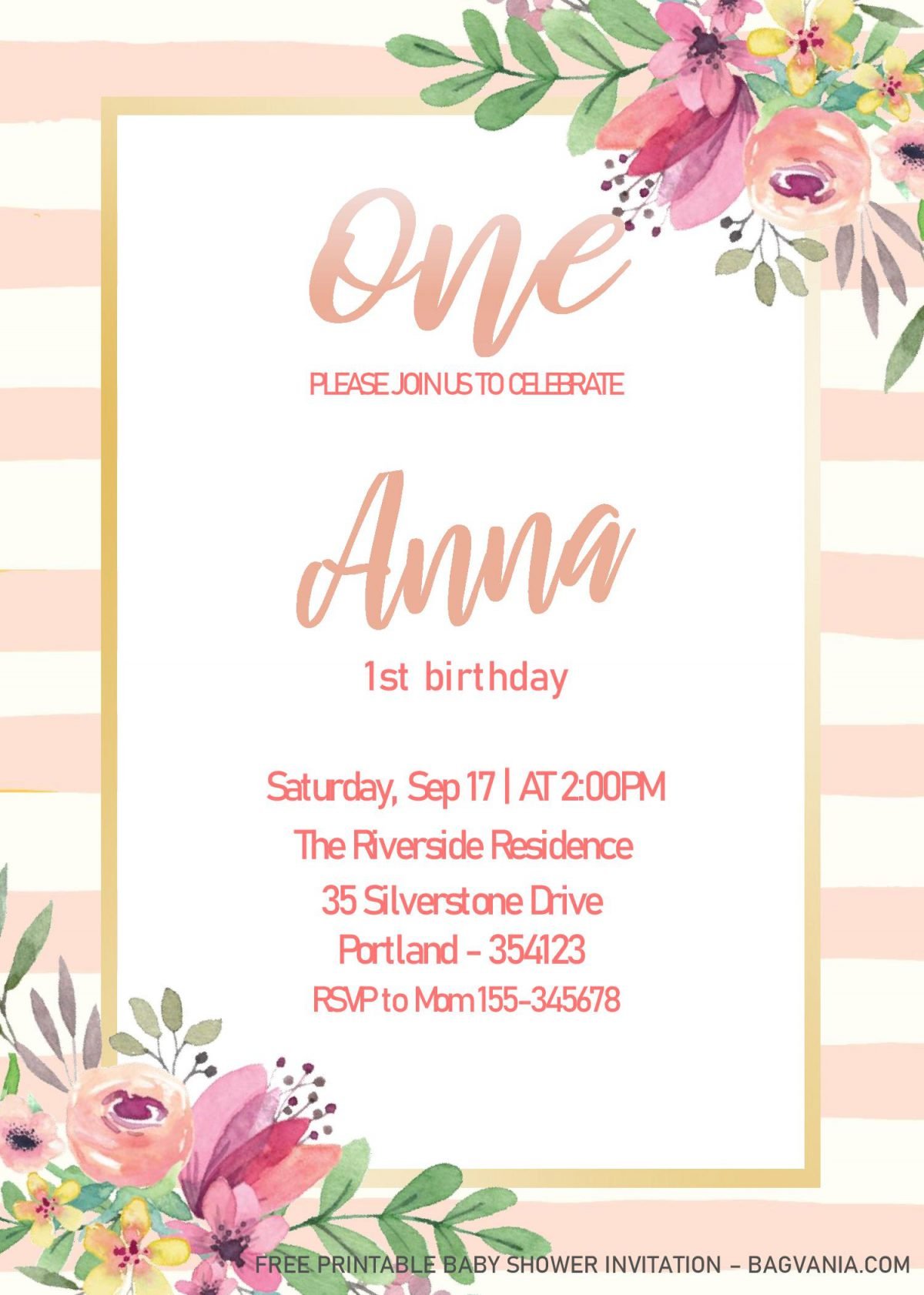 Blush Pink 1st Birthday Invitation Templates - Editable With MS Word and decorated with Aesthetic Fonts