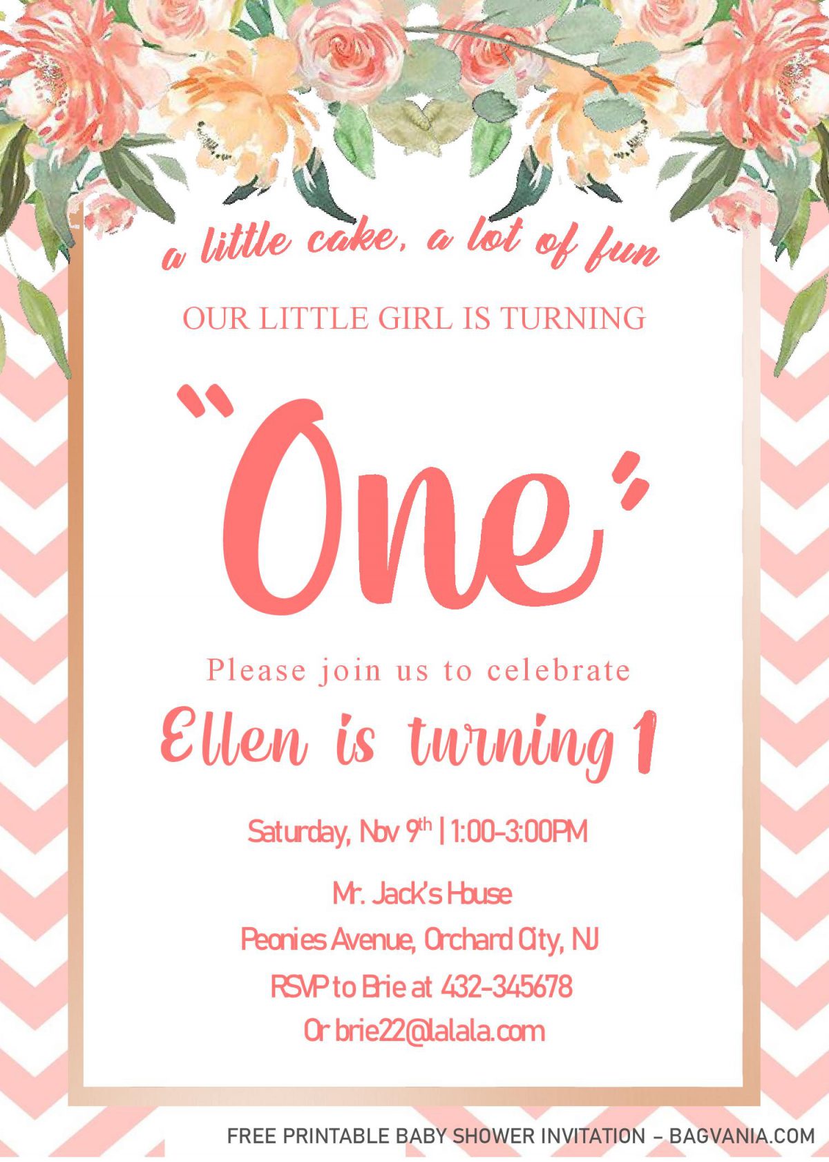 Blush Pink 1st Birthday Invitation Templates - Editable With MS Word and decorated with Chevron Pattern