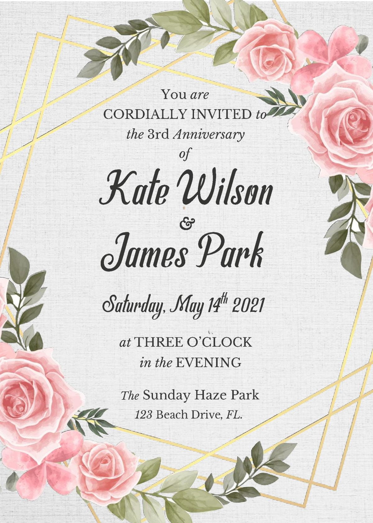 Greenery Gold Geometric Invitation Templates - Editable With MS Word and has Pink Roses 