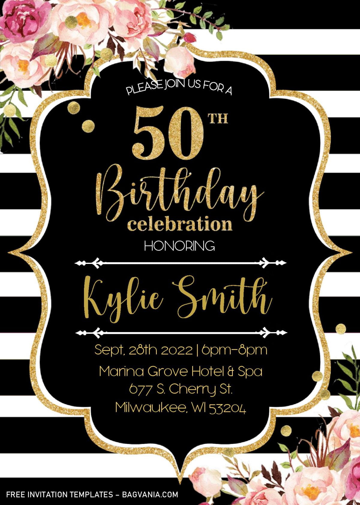 Black And Gold 50th Birthday Invitation Templates - Editable With MS Word and has Gold Bracket Text Frame