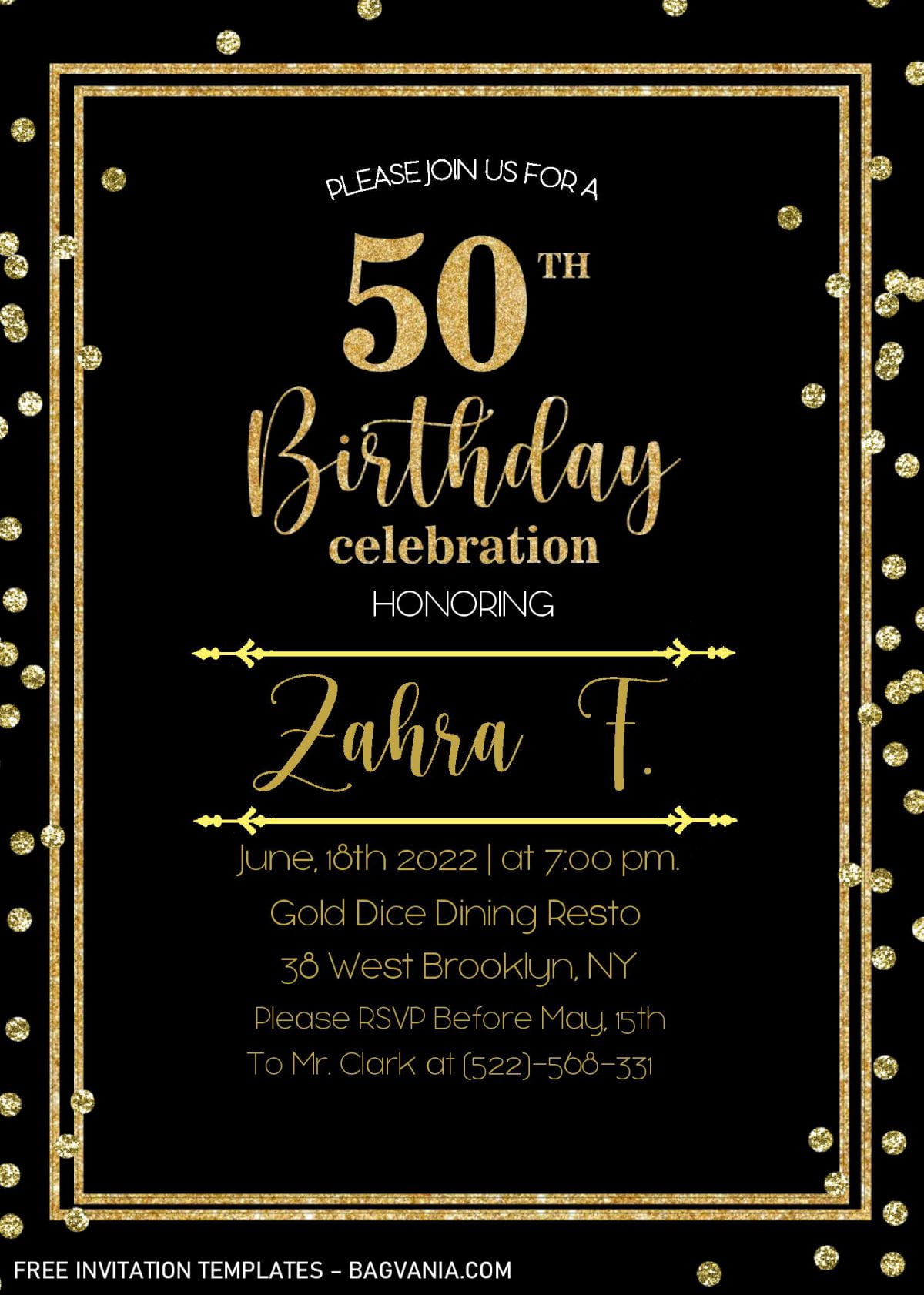Black And Gold 50th Birthday Invitation Templates - Editable With MS Word and has Gold Glitter