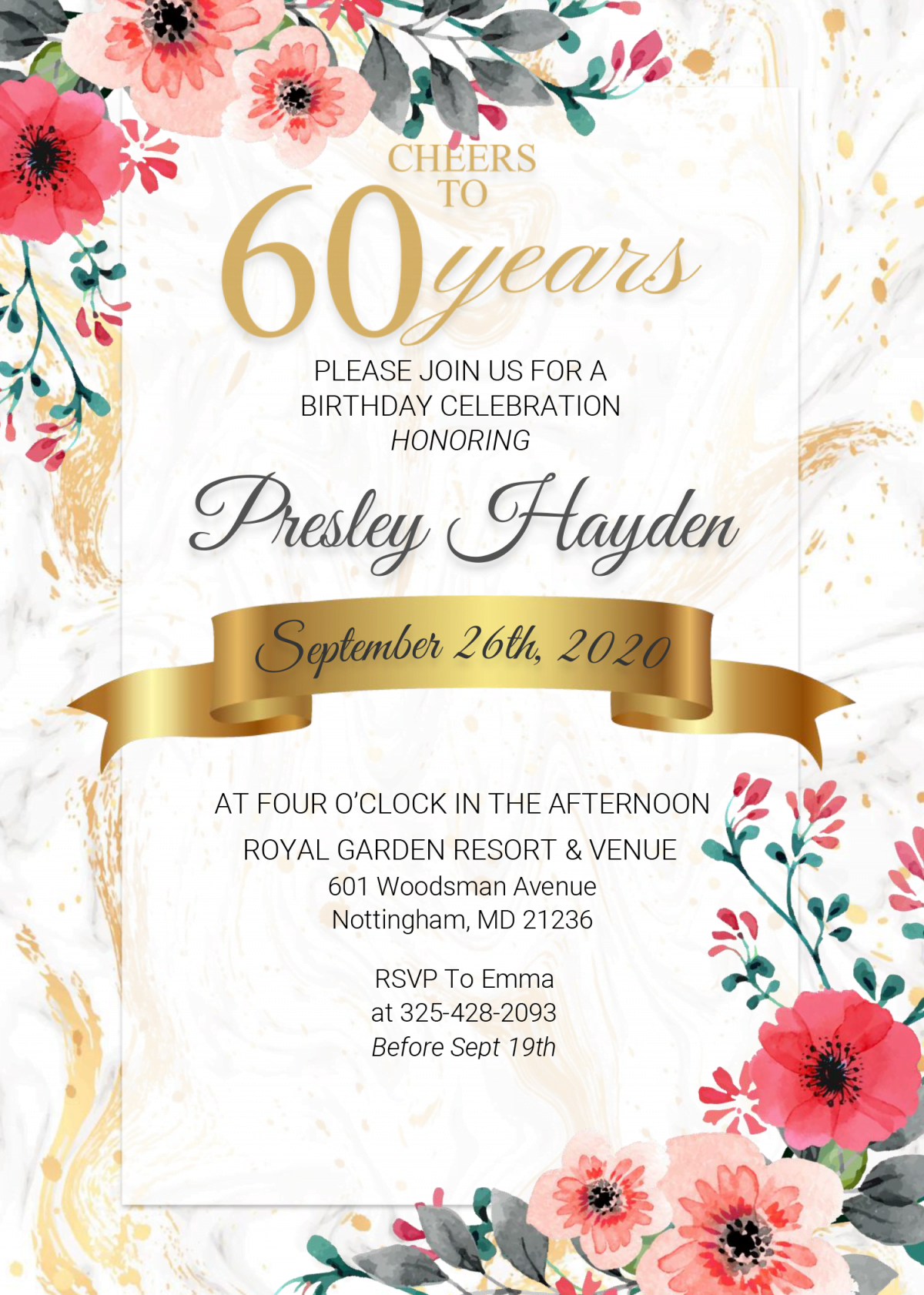 Floral 60th Birthday Invitation Templates - Editable With MS Word and Has White and Gold Marble Background