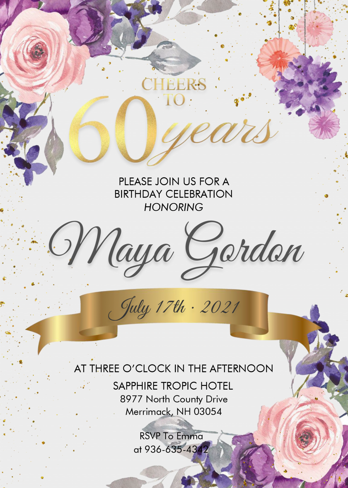 Floral 60th Birthday Invitation Templates - Editable With MS Word and Has Portrait Orientation and Blue Floral