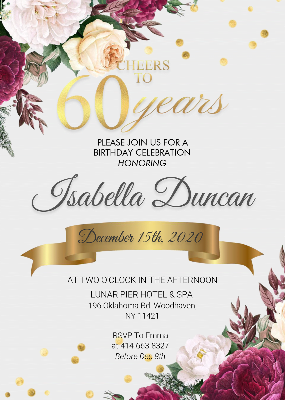 Floral 60th Birthday Invitation Templates - Editable With MS Word and Has Paper Grain Textured Background