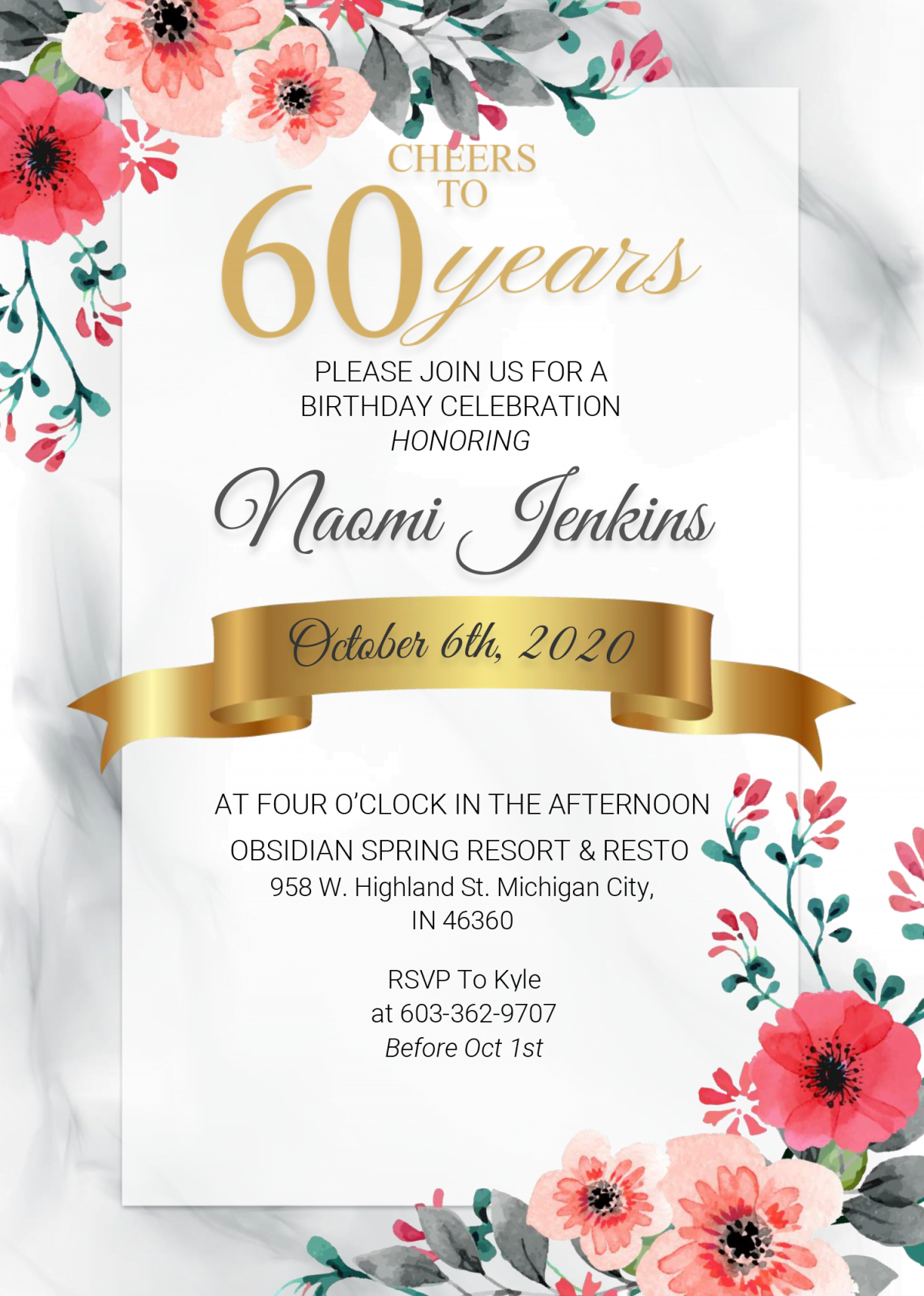 Floral 60th Birthday Invitation Templates - Editable With MS Word and Has White Marble Background