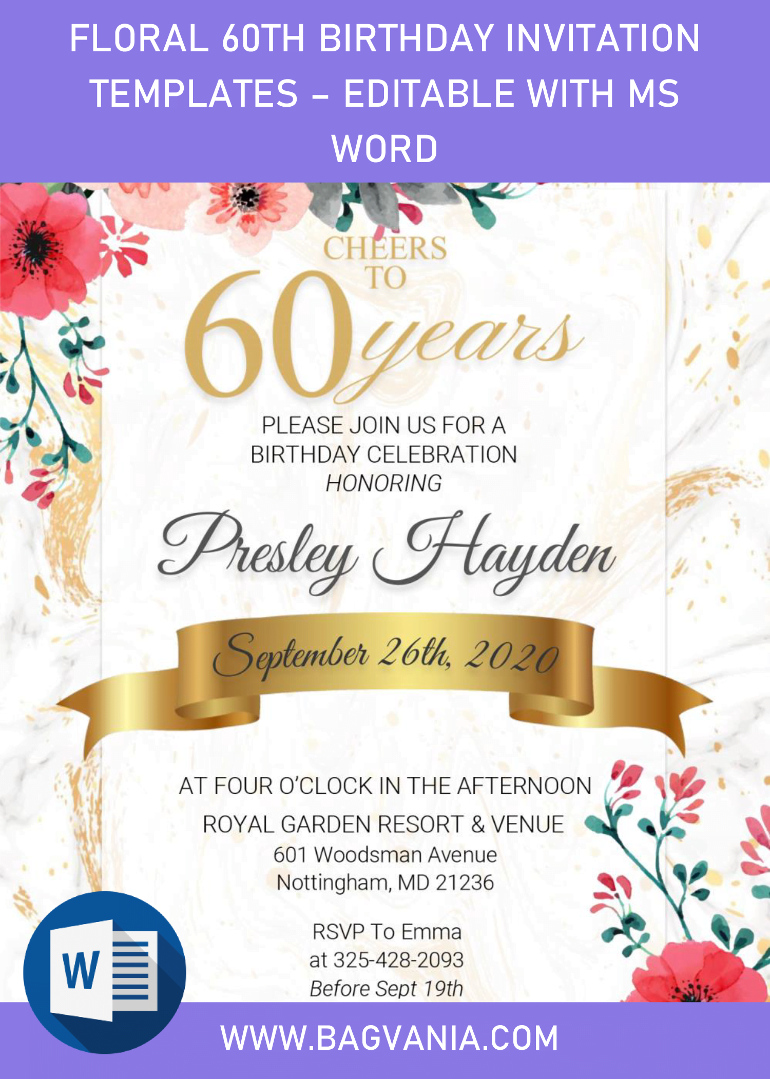 Floral 60th Birthday Invitation Templates – Editable With MS Word