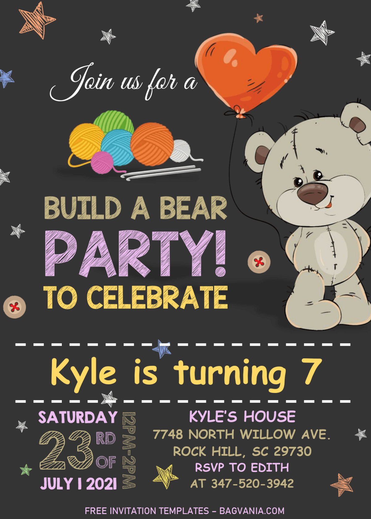Build A Bear Birthday Invitation Templates - Editable With MS Word and has colorful stars