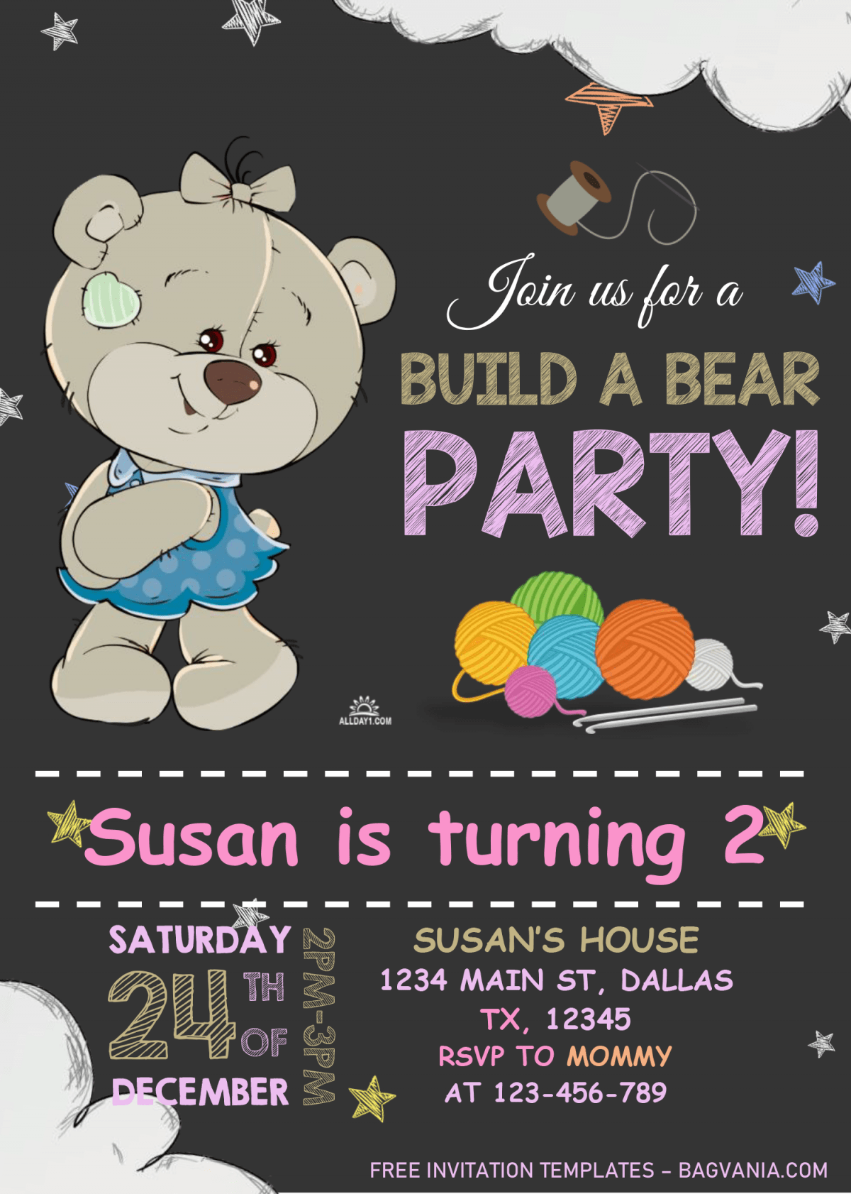 Build A Bear Birthday Invitation Templates - Editable With MS Word and has portrait orientation