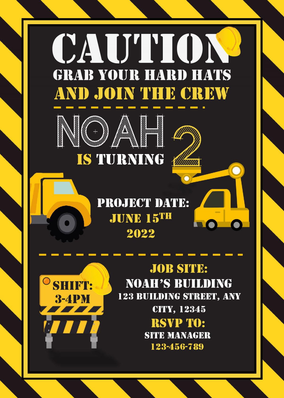 Construction Birthday Invitation Templates - Editable With MS Word and has Black and yellow border