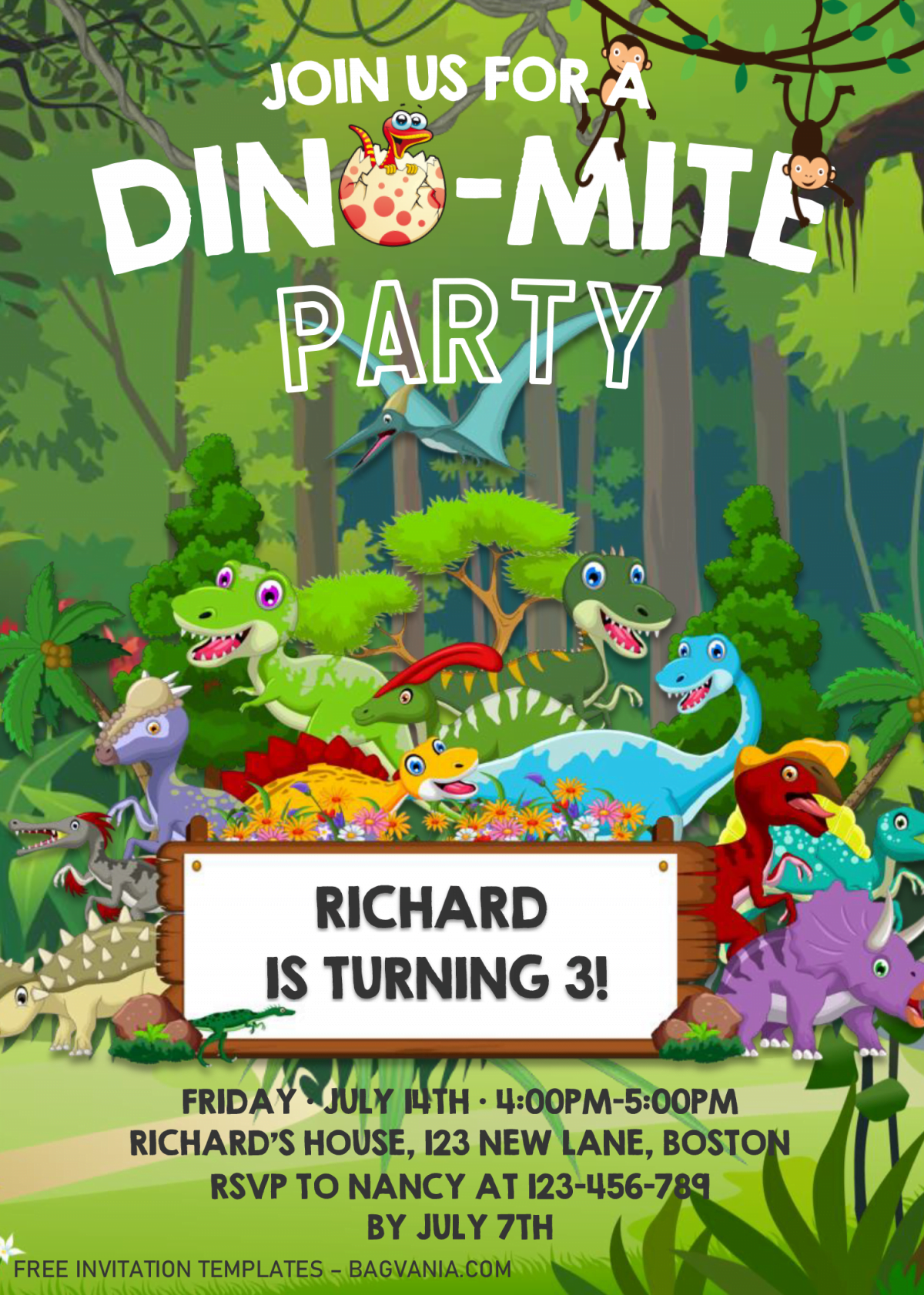 Dinosaur Invitation Templates - Editable With MS Word and has cartoon forest background