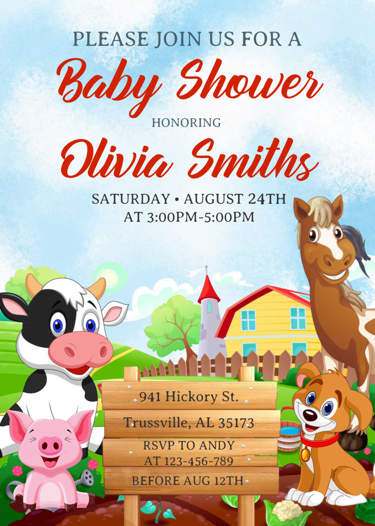Farm Animals Invitation Templates - Editable With Microsoft Word and has adorable cartoon horse and pig