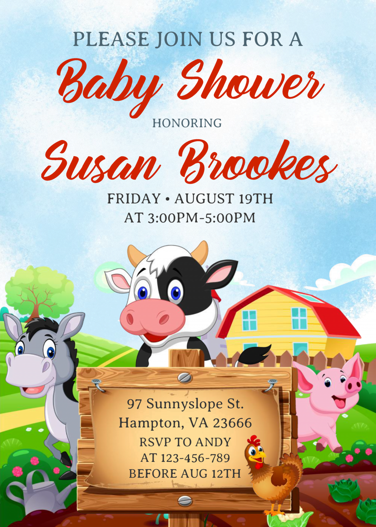 Farm Animals Invitation Templates - Editable With Microsoft Word and has cute cow and donkey