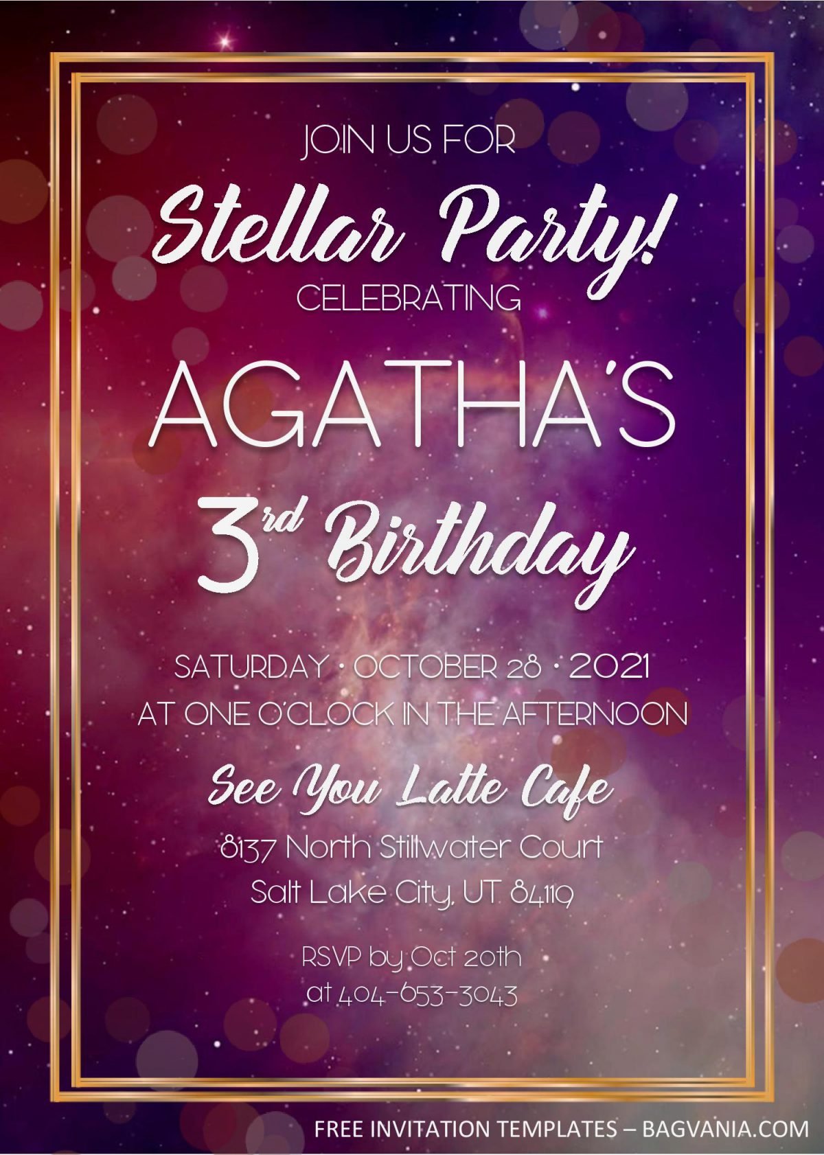 Galaxy Birthday Invitation Templates - Editable With MS Word and has gold frame