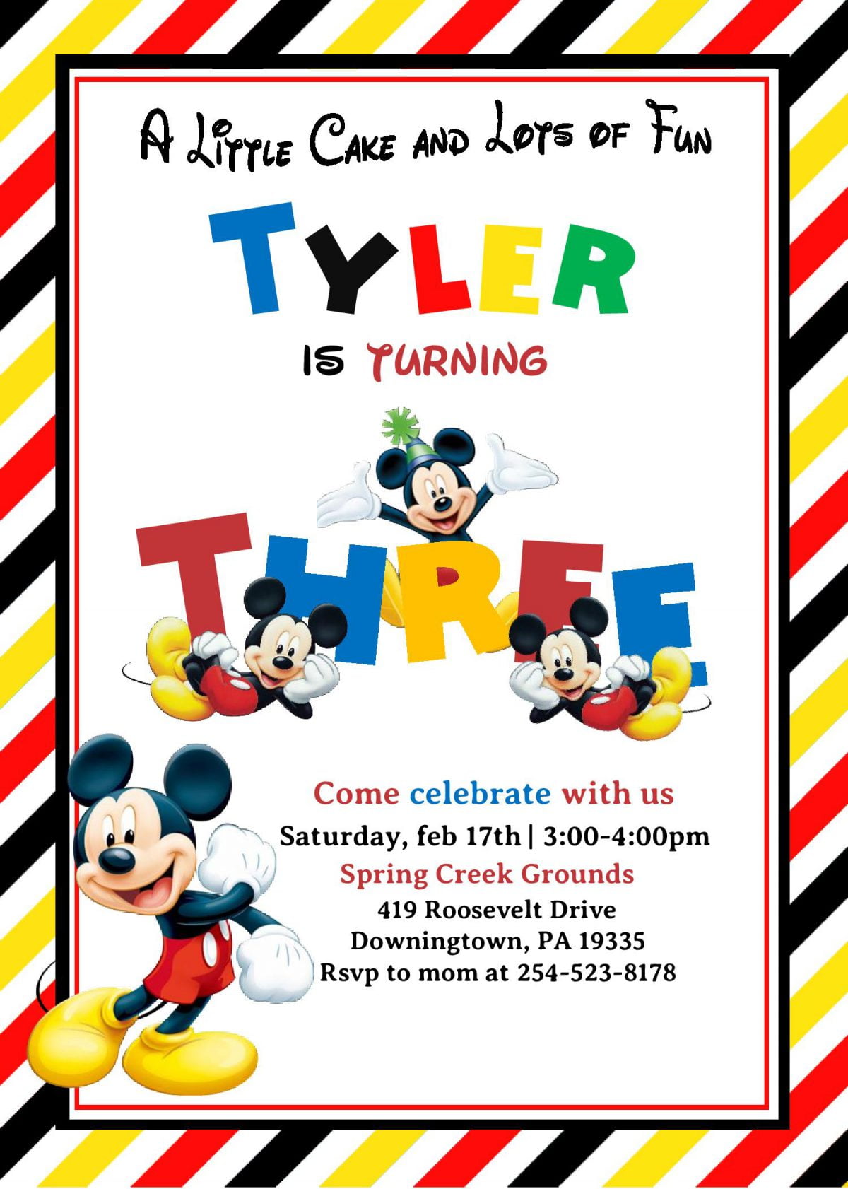 Cute Mickey Mouse Invitation Templates - Editable With MS Word and has portrait orientation 