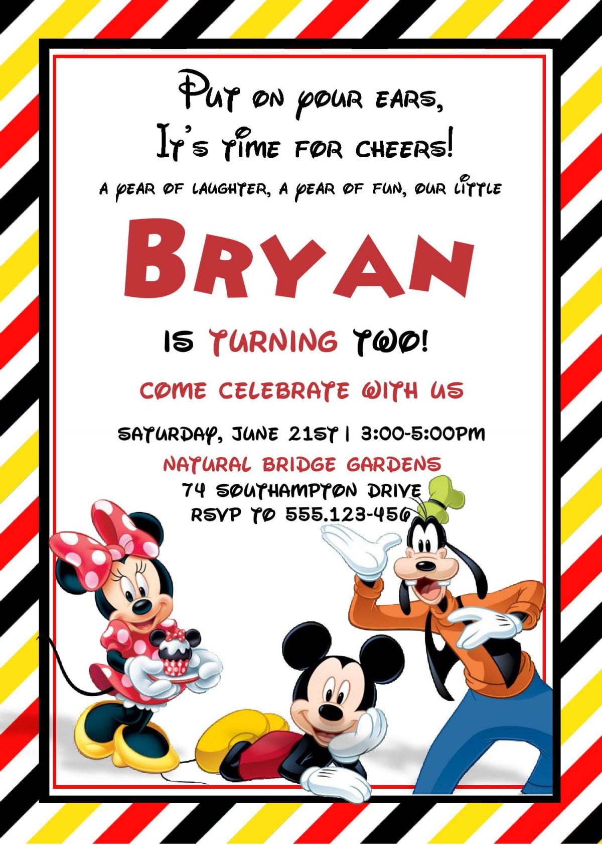 Cute Mickey Mouse Invitation Templates - Editable With MS Word and has colorful diagonal stripes
