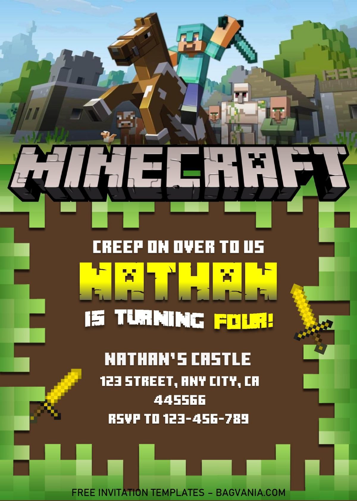 Minecraft Birthday Invitation Templates - Editable With MS Word and has green background